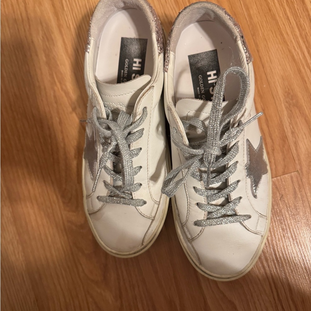 Golden Goose White and Silver Star Sneakers
